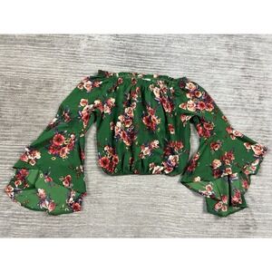 Iris Top Womens Medium Green Floral Long Sleeve Cropped Boho Bell Sleeve